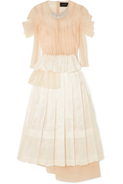 Shop Simone Rocha Embellished Ruffled Tulle And Satin Midi Dress In Neutral