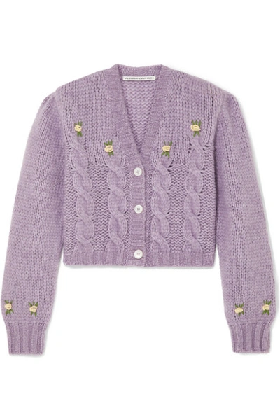 Shop Alessandra Rich Cropped Embroidered Cable-knit Alpaca-blend Cardigan In Lilac