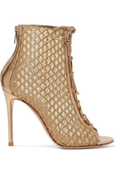 Shop Gianvito Rossi 105 Lace-up Lurex, Mesh And Metallic Leather Ankle Boots In Gold