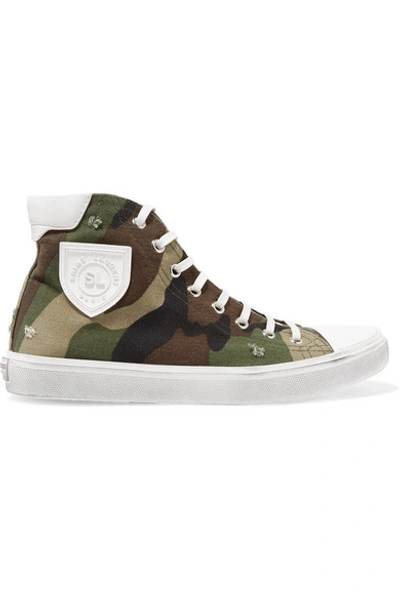 Shop Saint Laurent Bedford Logo-appliquéd Distressed Printed Canvas High-top Sneakers In Army Green