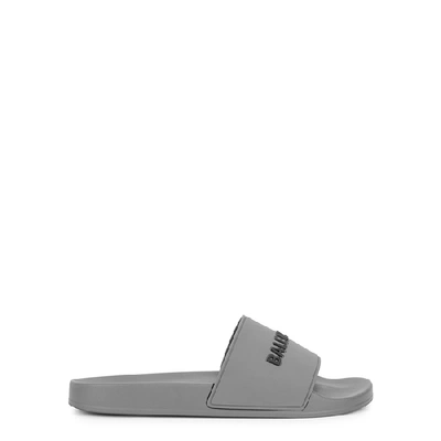 Shop Balenciaga Grey Logo Rubber Sliders