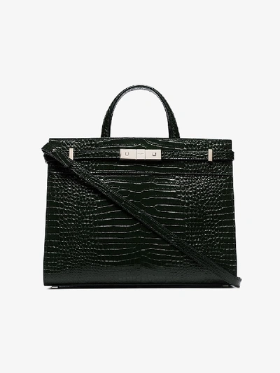 Shop Saint Laurent Green Manhattan Croc-effect Leather Tote Bag