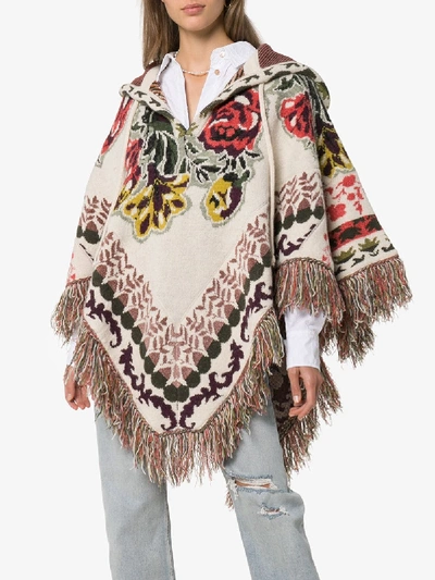 Shop Etro Intarsia Floral Knit Hooded Poncho In 9197 Multicoloured