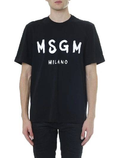 Shop Msgm Black Cotton T Shirt With Logo Print