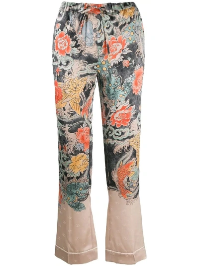 Shop Valentino Japanese Print Silk Flared Trousers In Multicolor