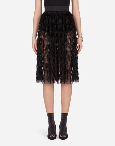 Shop Dolce & Gabbana Tulle Midi Skirt With Fringing In Black