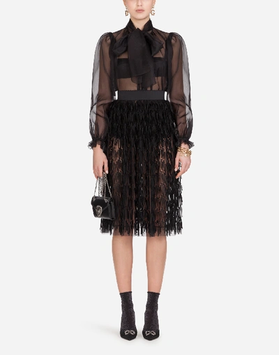 Shop Dolce & Gabbana Tulle Midi Skirt With Fringing In Black