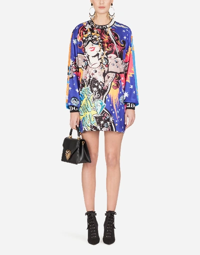 Shop Dolce & Gabbana Satin Maxi T-shirt With Super Heroine Print In Multi-colored