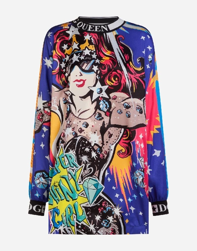 Shop Dolce & Gabbana Satin Maxi T-shirt With Super Heroine Print In Multi-colored