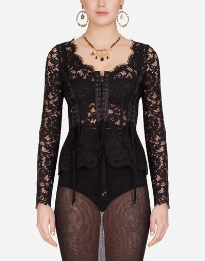 Shop Dolce & Gabbana Cordonetto Lace Top With Laces In Black