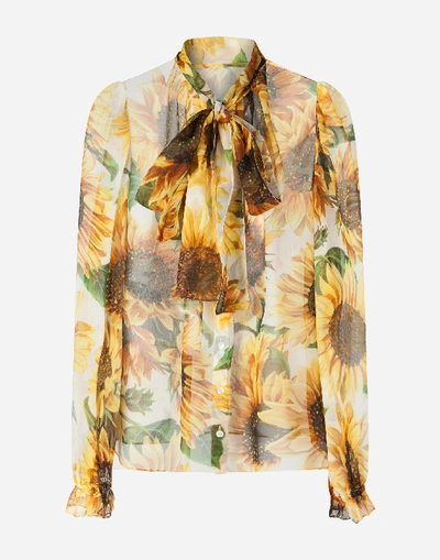 Shop Dolce & Gabbana Sunflower-print Chiffon Shirt With Pussy Bow In Multi-colored
