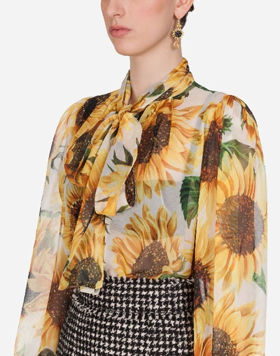 Shop Dolce & Gabbana Sunflower-print Chiffon Shirt With Pussy Bow In Multi-colored