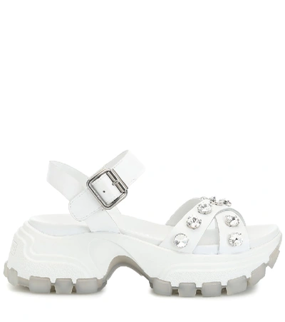 Shop Miu Miu Embellished Leather Sandals In White