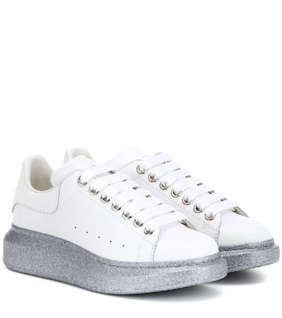 Shop Alexander Mcqueen Glitter-trimmed Leather Sneakers In White