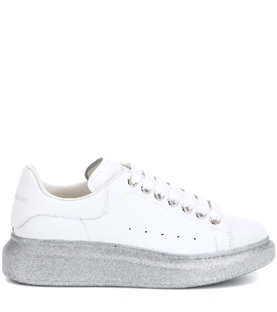 Shop Alexander Mcqueen Glitter-trimmed Leather Sneakers In White