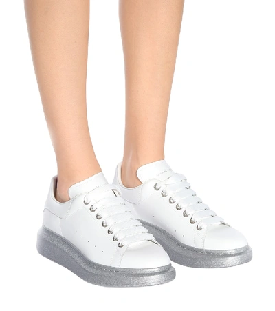 Shop Alexander Mcqueen Glitter-trimmed Leather Sneakers In White