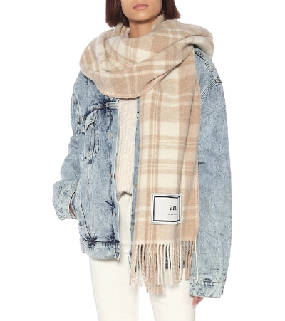 Shop Ami Alexandre Mattiussi Checked Wool Scarf In Beige