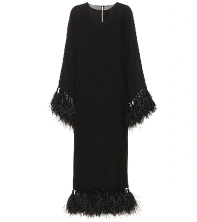 Shop Valentino Feather-trimmed Silk Dress In Black