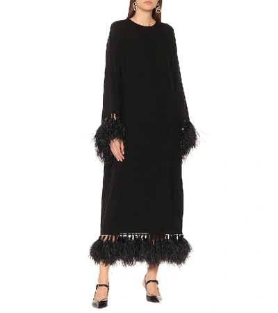 Shop Valentino Feather-trimmed Silk Dress In Black