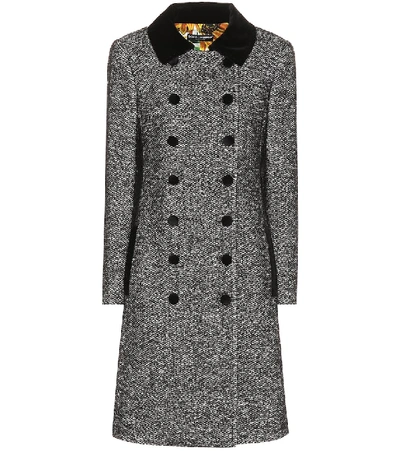 Shop Dolce & Gabbana Velvet-trimmed Tweed Coat In Grey
