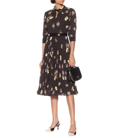 Shop Prada Pleated Floral Midi Dress In Brown