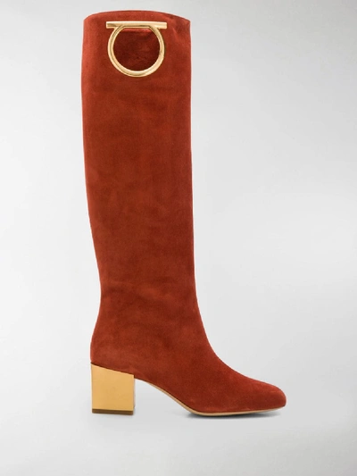 Shop Ferragamo Mirror Heel Gancini Boots In Orange