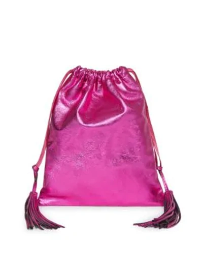 Shop Attico Fuchsia Lamé Leather Pouch