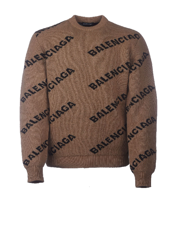 Balenciaga Allover Logo Sweater In Beige Black | ModeSens
