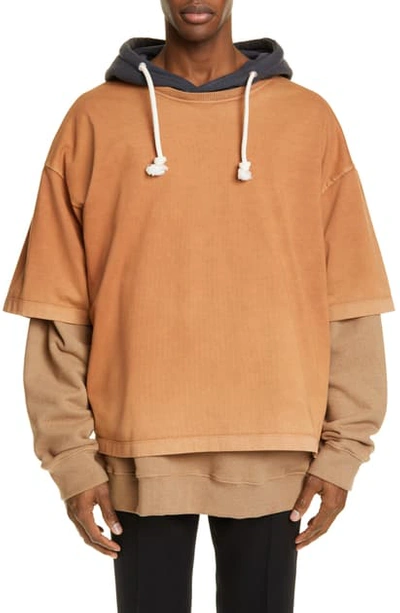 Shop Maison Margiela Layered Cotton Hoodie In Kaki Overdye