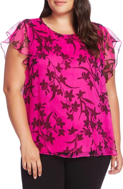 Shop Vince Camuto Iris Flutter Sleeve Floral Top In Pink Shock