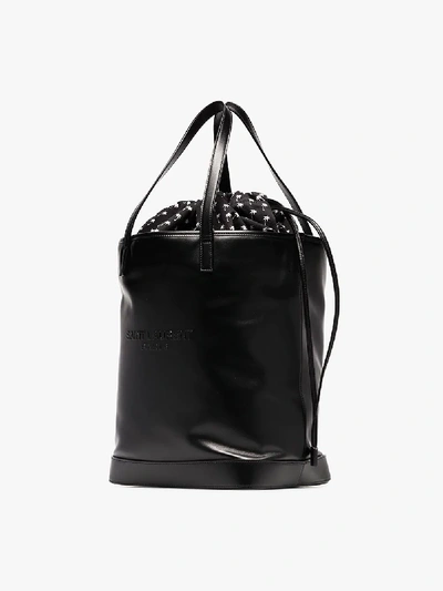 Shop Saint Laurent Black Teddy Logo Leather Tote Bag