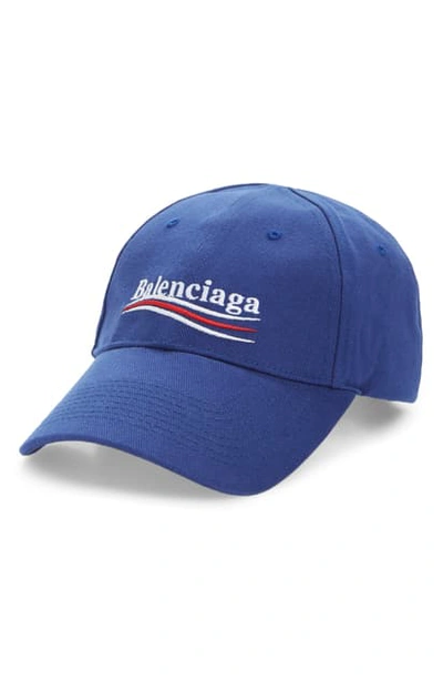 Shop Balenciaga Political Embroidered Logo Baseball Cap In Sapphire/ White