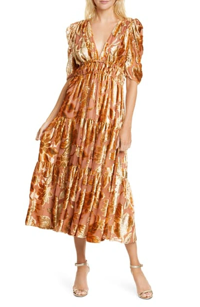 Shop Ulla Johnson Loretta Velvet Devore Midi Dress In Rose Gold