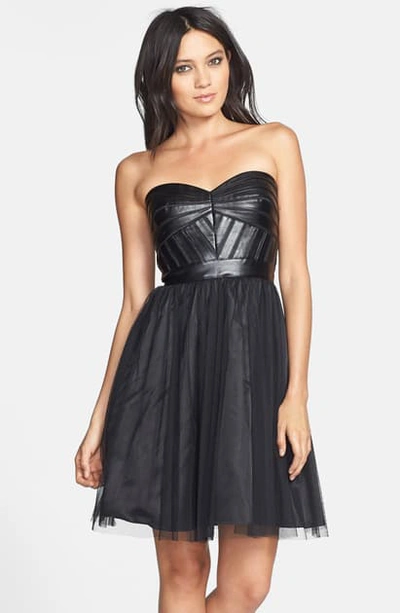 Shop Aidan Mattox Faux Leather Trim Fit & Flare Dress In Black