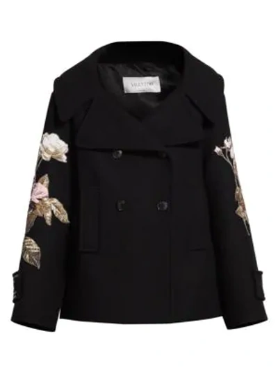 Shop Valentino Floral Embroidered Double Breasted Wool Peacoat In Black Multi