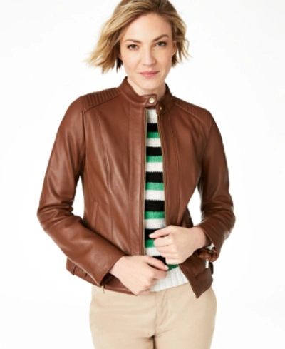 Shop Cole Haan Seamed Leather Jacket In Hickory