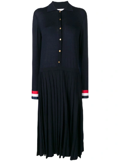 Shop Thom Browne Grosgrain Cuff Pleated Polo Dress - Blue