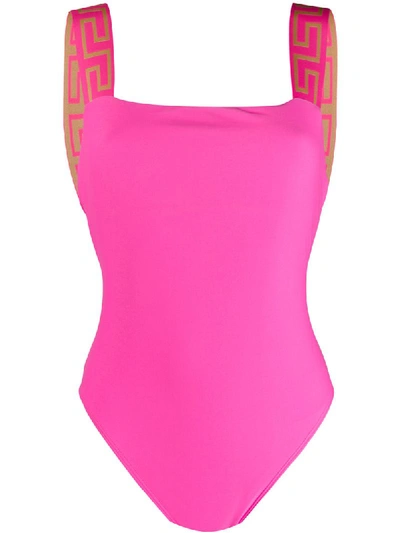 Shop Versace Contrasting Greca Straps Swimsuit In Pink