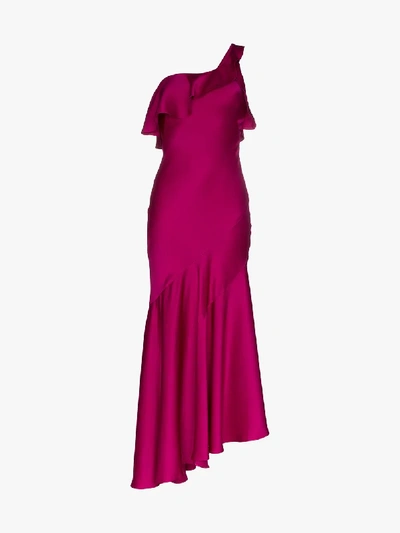 Shop Galvan One Shoulder Asymmetric Midi Dress In Pink