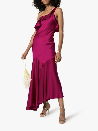Shop Galvan One Shoulder Asymmetric Midi Dress In Pink