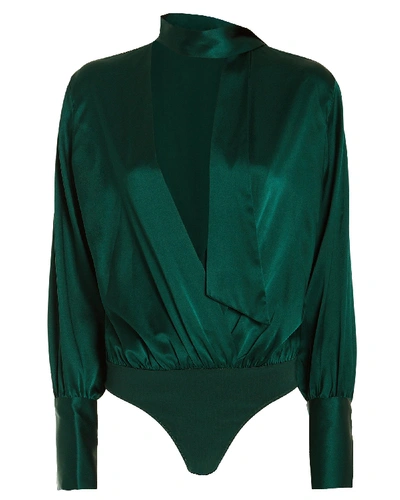 Shop Jonathan Simkhai Silk Charmeuse Wrap Bodysuit In Emerald