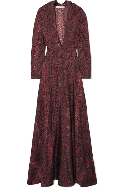Shop Victoria Beckham Snake-print Silk-satin Gown In Burgundy