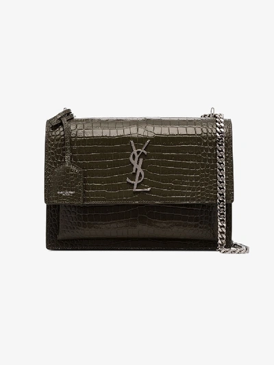 Shop Saint Laurent Green Medium Sunset Monogram Croc Shoulder Bag