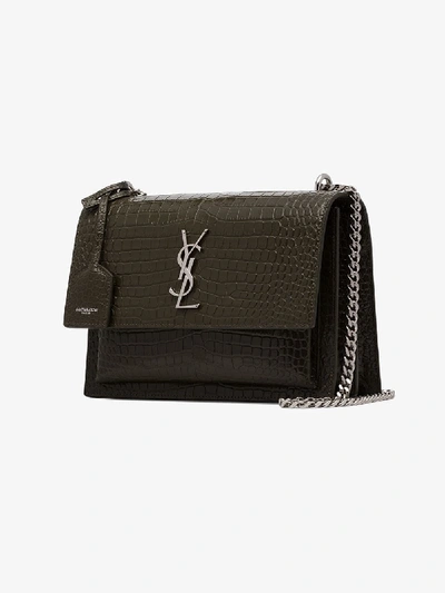 Shop Saint Laurent Green Medium Sunset Monogram Croc Shoulder Bag