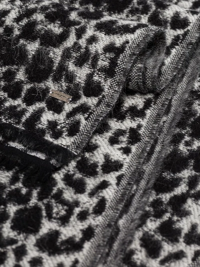 Shop Saint Laurent Black And Grey Leopard Print Wool Scarf