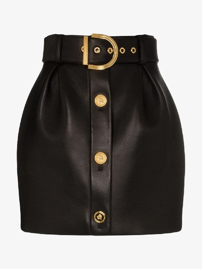 Shop Versace High Waist Belted Leather Mini Skirt In Black