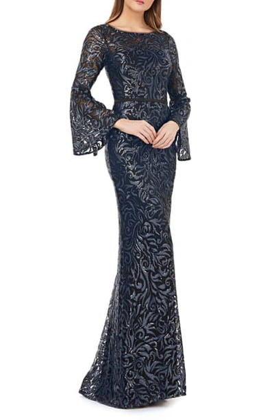 Shop Carmen Marc Valvo Infusion Sequin Embroidered Trumpet Gown In Midnight