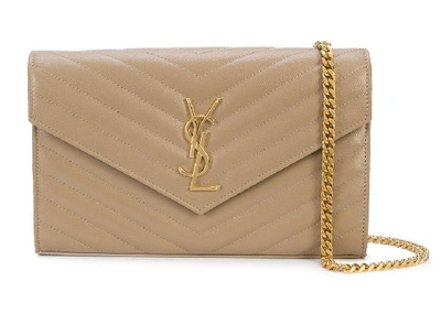 Pre-owned Saint Laurent  Envelope Chain Wallet Grain De Poudre Gold-tone Powder