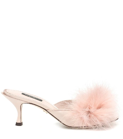 Shop Dolce & Gabbana Feather-trimmed Satin Sandals In Pink