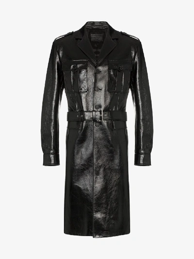 Shop Prada Leather Belted Military Coat In Black